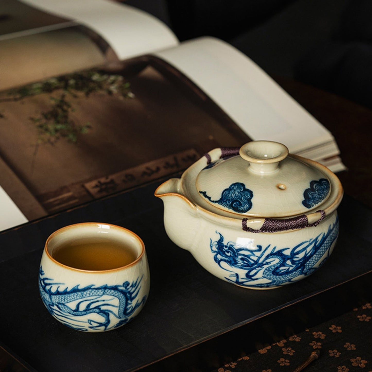 Ru Kiln Blue and White Porcelain Dragon Pattern Tea Set