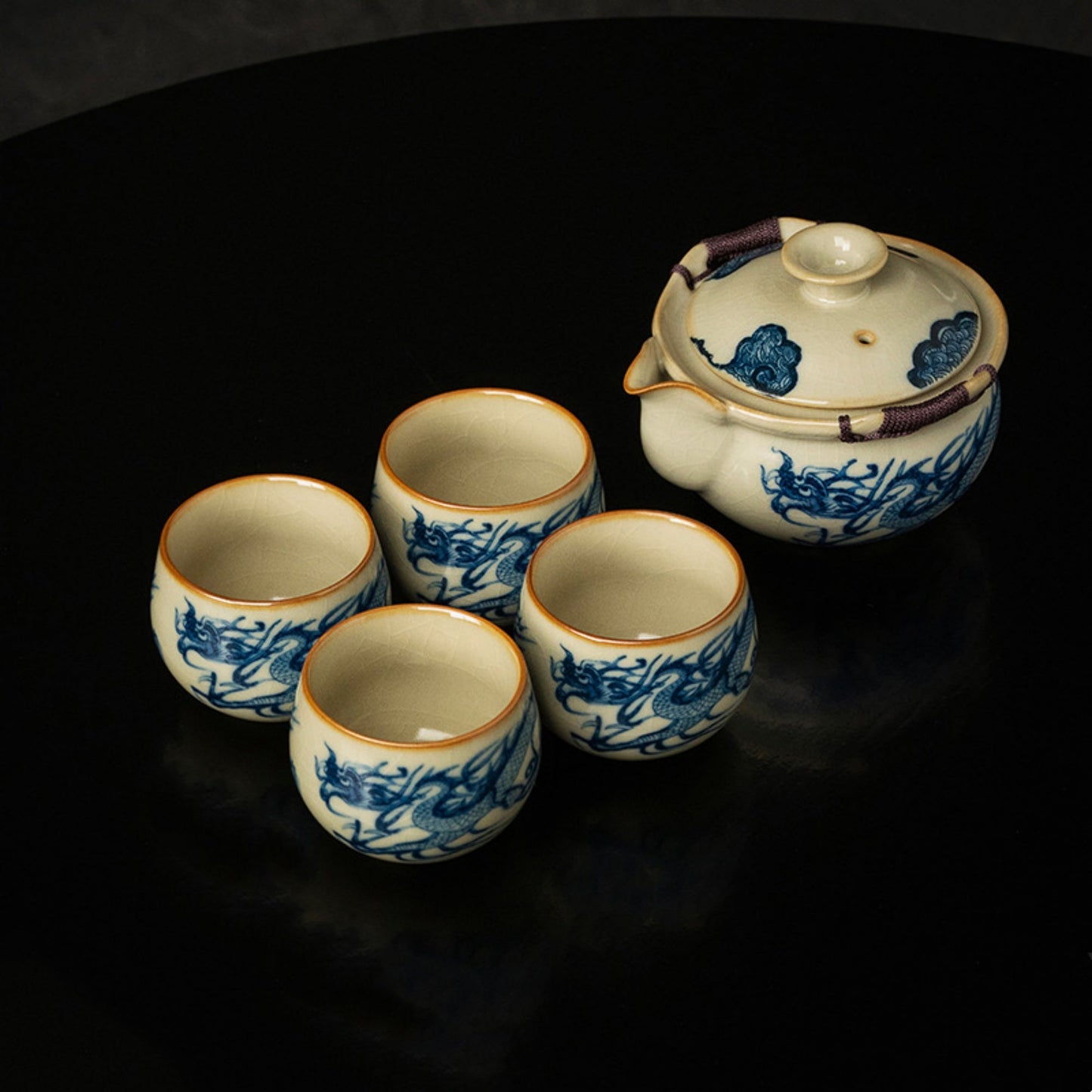 Ru Kiln Blue and White Porcelain Dragon Pattern Tea Set
