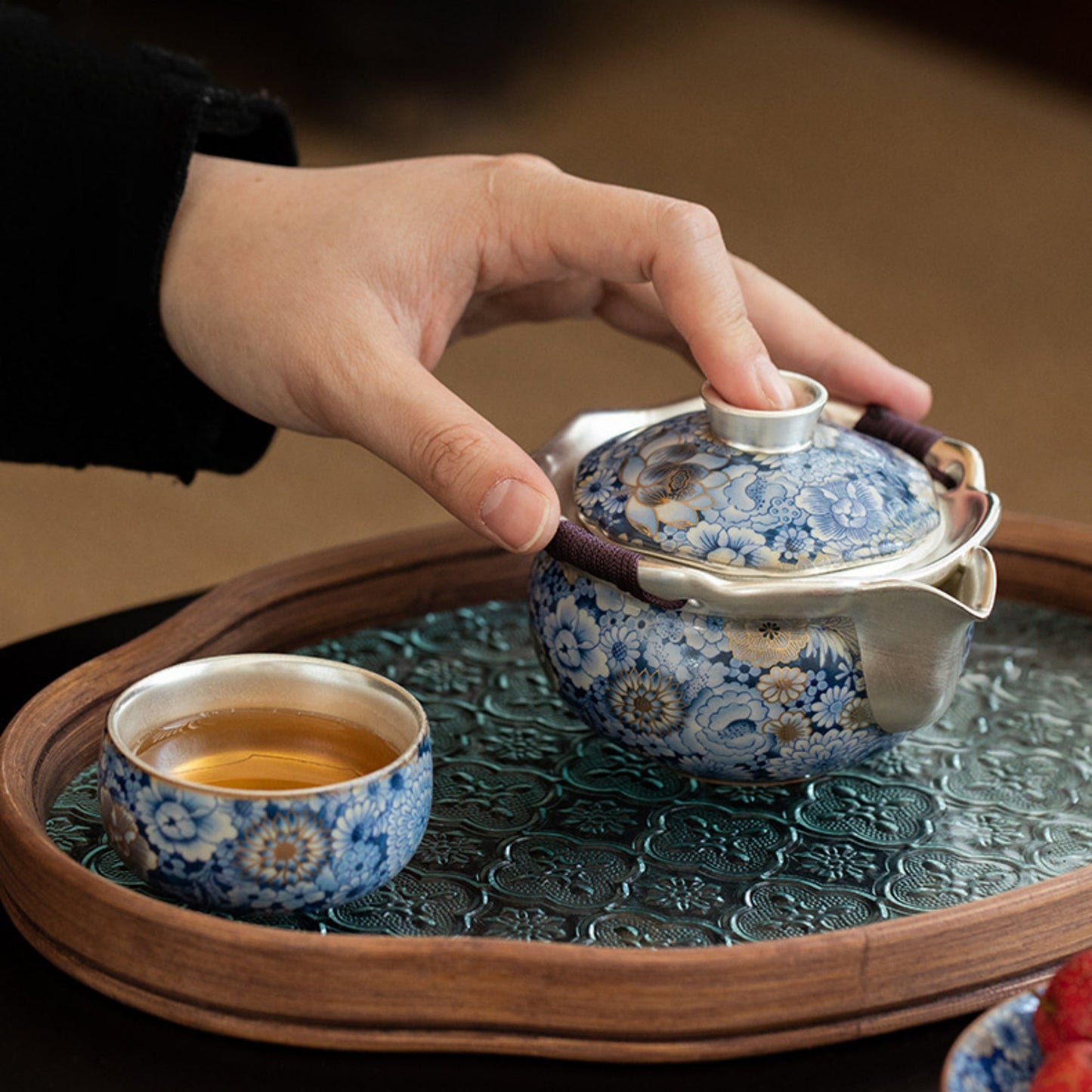 Handmade Floral Silver-Plated Ceramic Tea Set