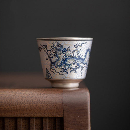 Handcrafted Silver-Plated Chinese Dragon Ceramic Cup