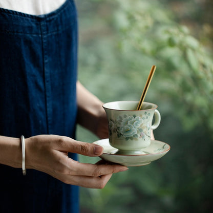 Ru Kiln Handmade Ceramic Coffee Cup and Saucer