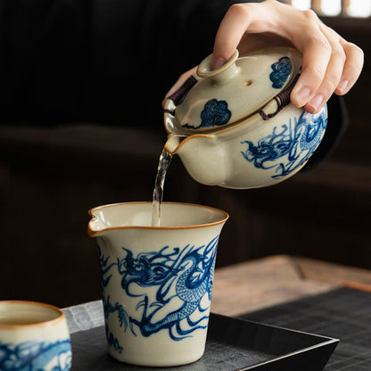 Ru Kiln Blue and White Porcelain Dragon Pattern Tea Set