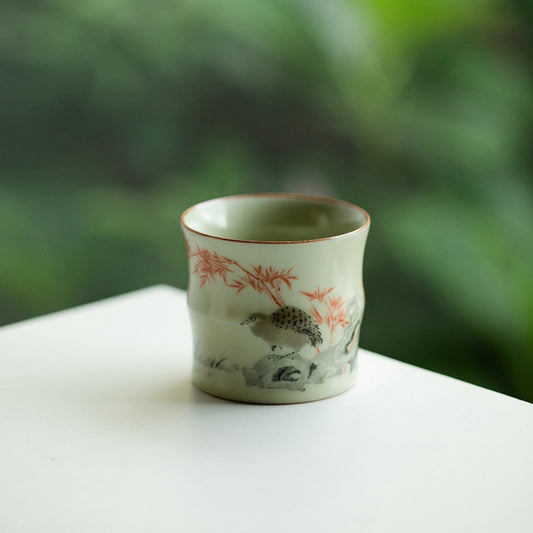 Handmade Bamboo-Shaped Ru Kiln Ceramic Tea Cup