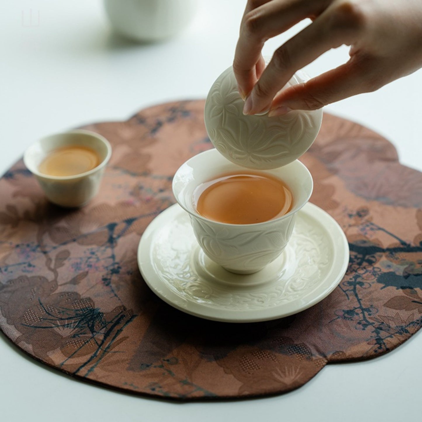 Ding Kiln Magnolia Pattern Ceramic Tea Cup with Saucer