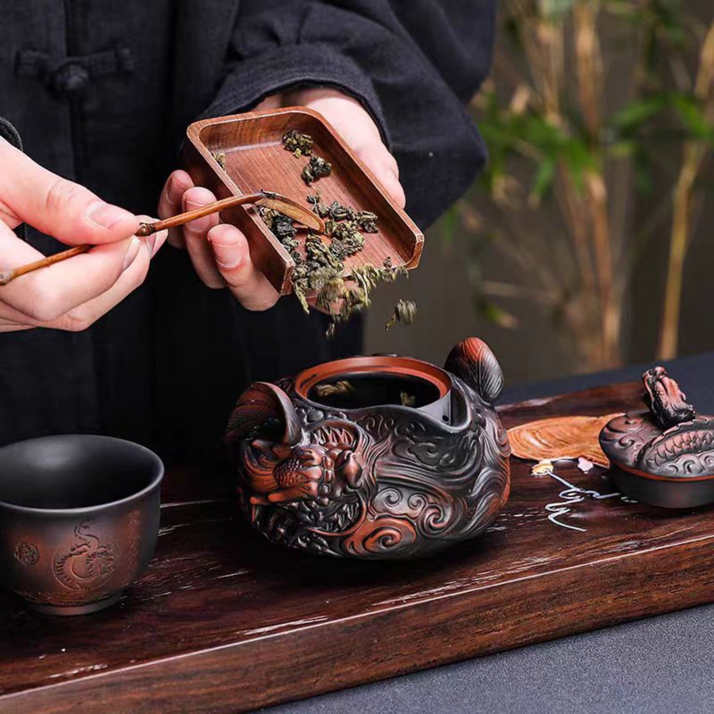 Handmade Purple Clay Dragon Relief Portable Tea Set