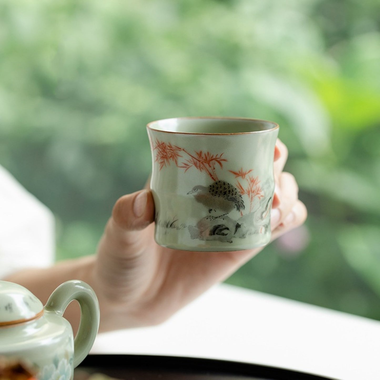 Handmade Bamboo-Shaped Ru Kiln Ceramic Tea Cup