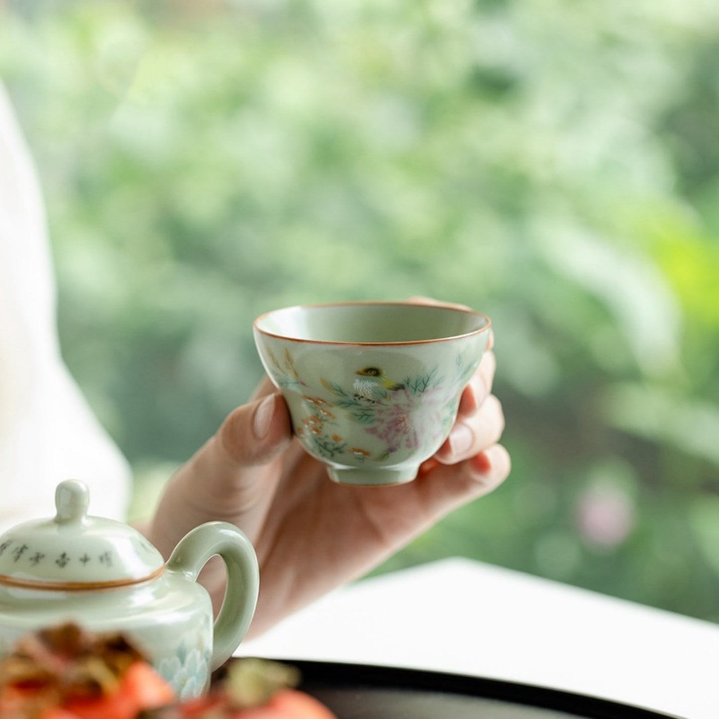Ru Kiln Flower and Bird Pattern Handmade Ceramic Cup