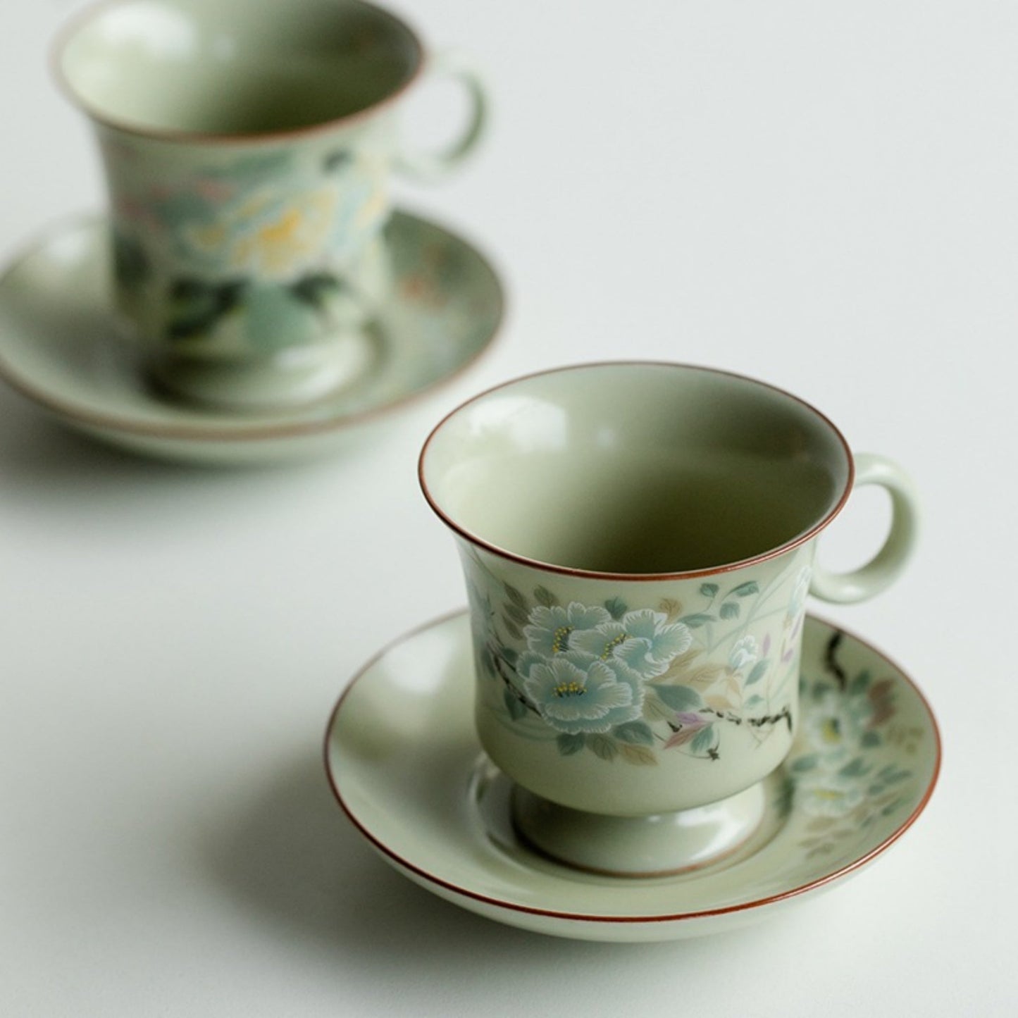 Ru Kiln Handmade Ceramic Coffee Cup and Saucer