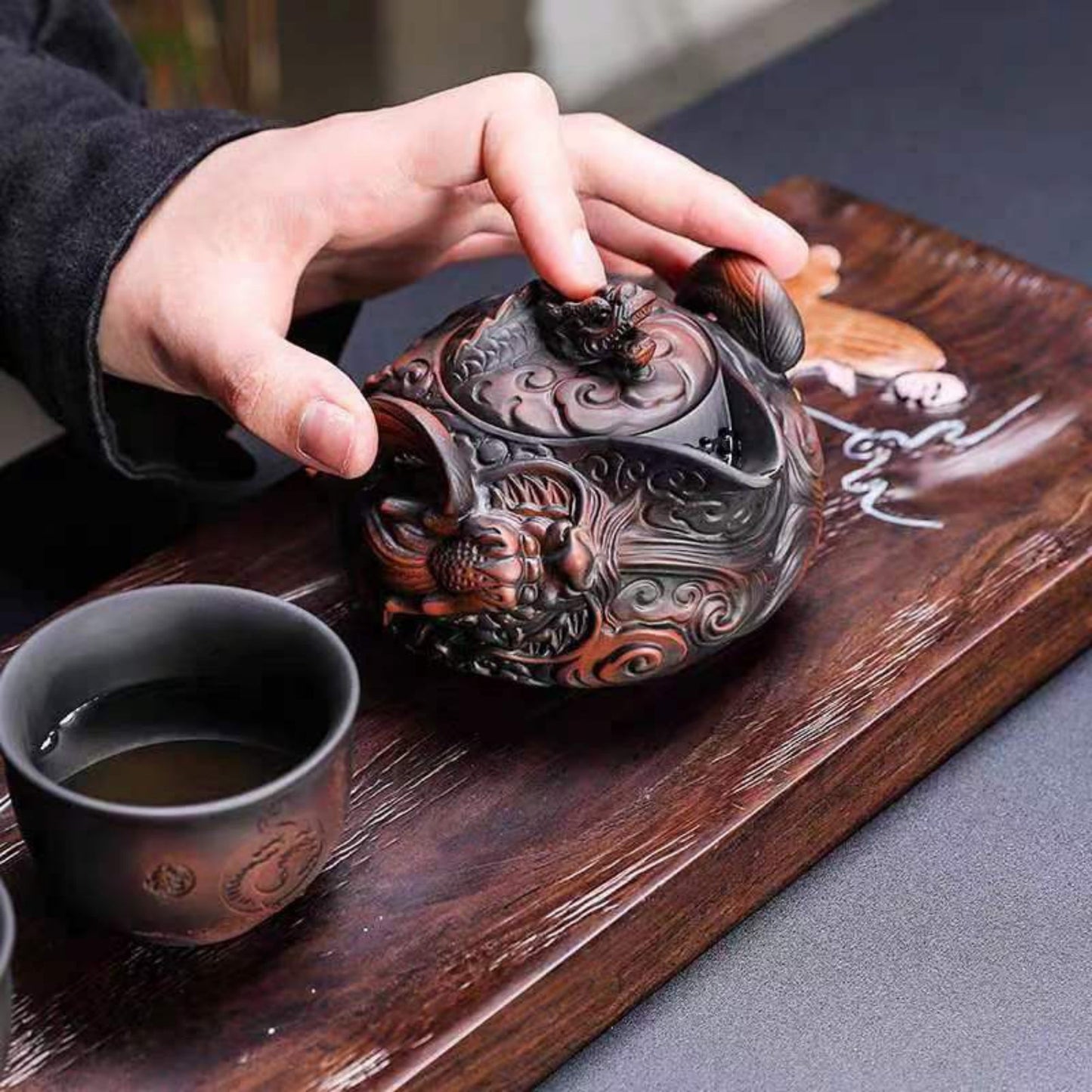 Handmade Purple Clay Dragon Relief Portable Tea Set