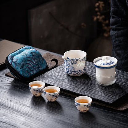 Blue and White Pattern Linglong Nephrite Porcelain Tea Set