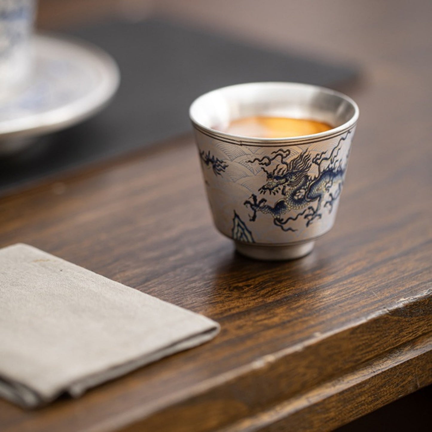 Handcrafted Silver-Plated Chinese Dragon Ceramic Cup
