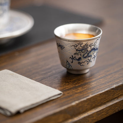 Handcrafted Silver-Plated Chinese Dragon Ceramic Cup