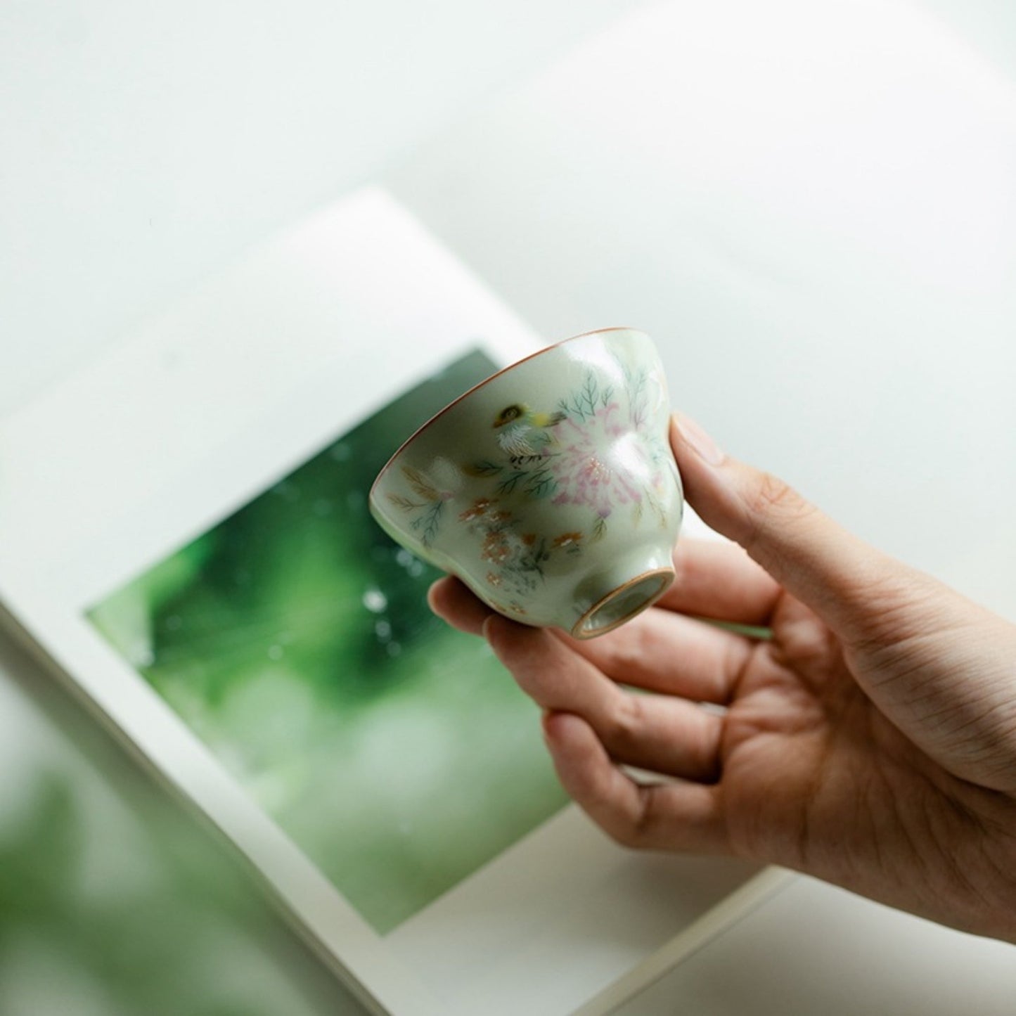 Ru Kiln Flower and Bird Pattern Handmade Ceramic Cup