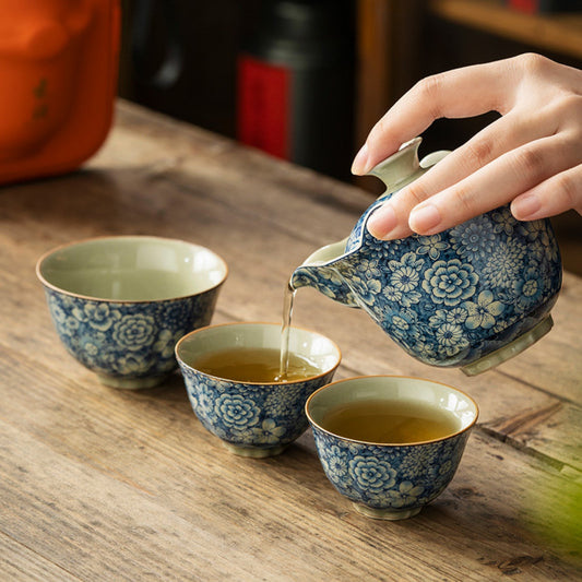 Ice Crack Blue and White Porcelain Handmade Tea Set