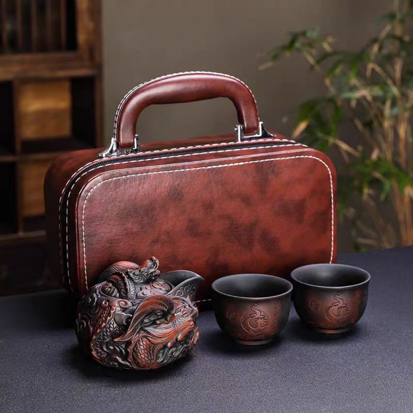 Handmade Purple Clay Dragon Relief Portable Tea Set