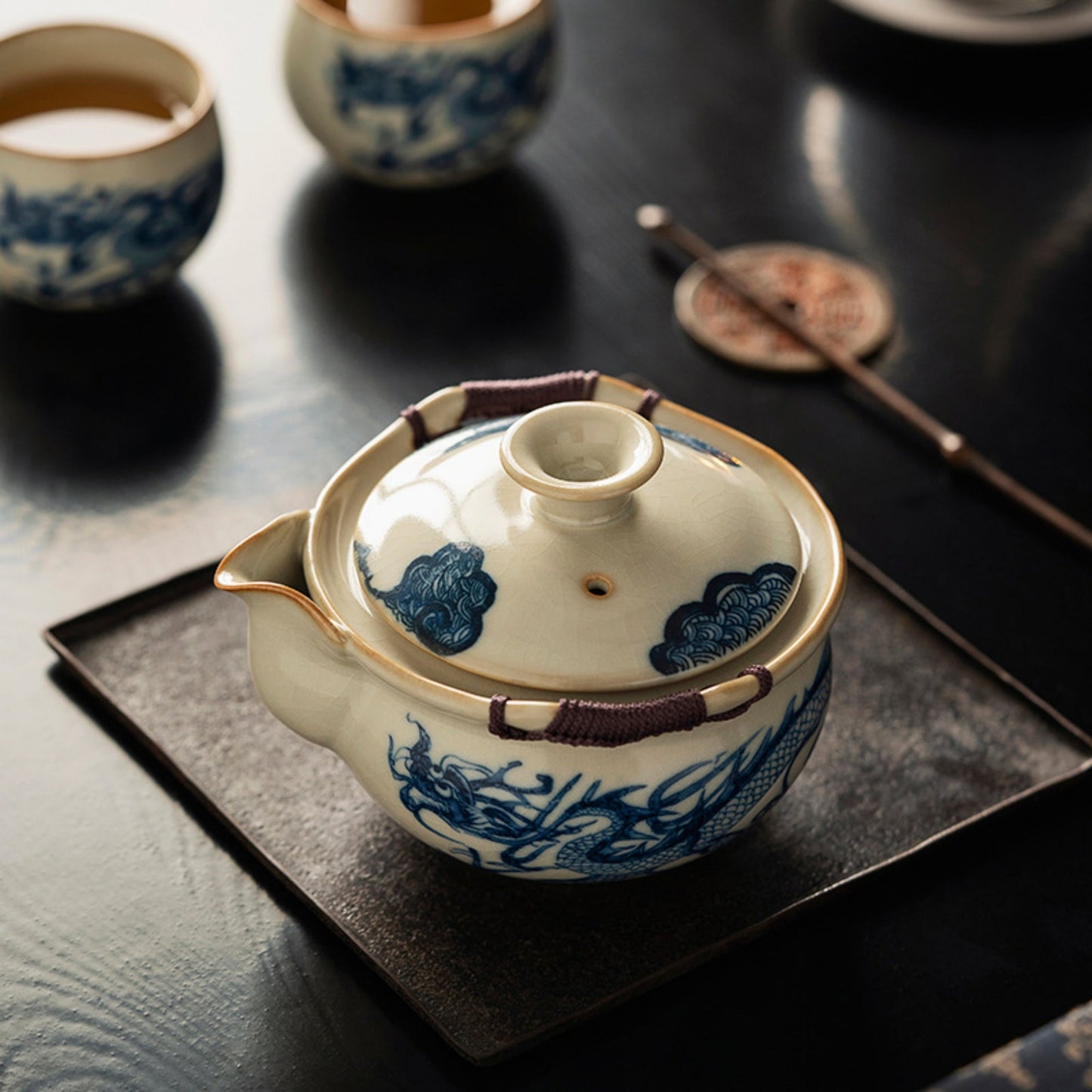Ru Kiln Blue and White Porcelain Dragon Pattern Tea Set