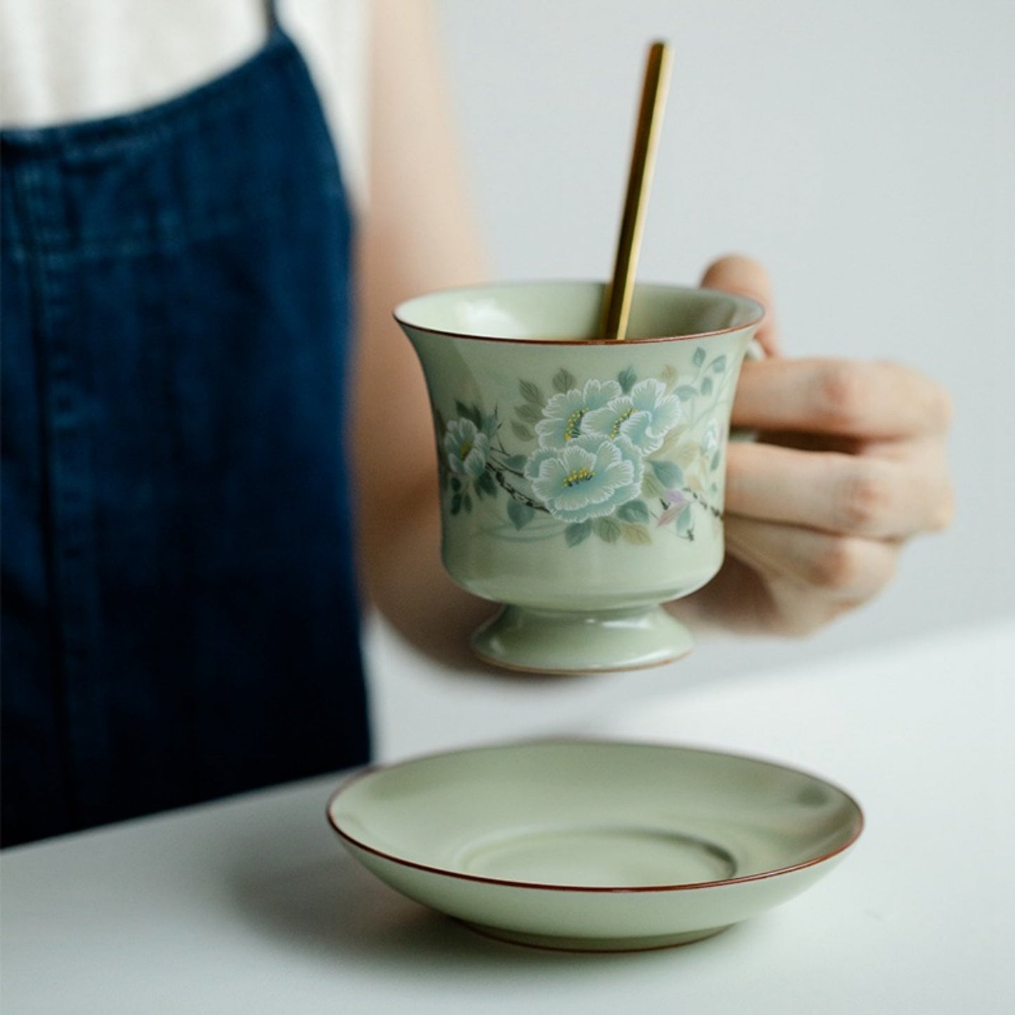 Ru Kiln Handmade Ceramic Coffee Cup and Saucer