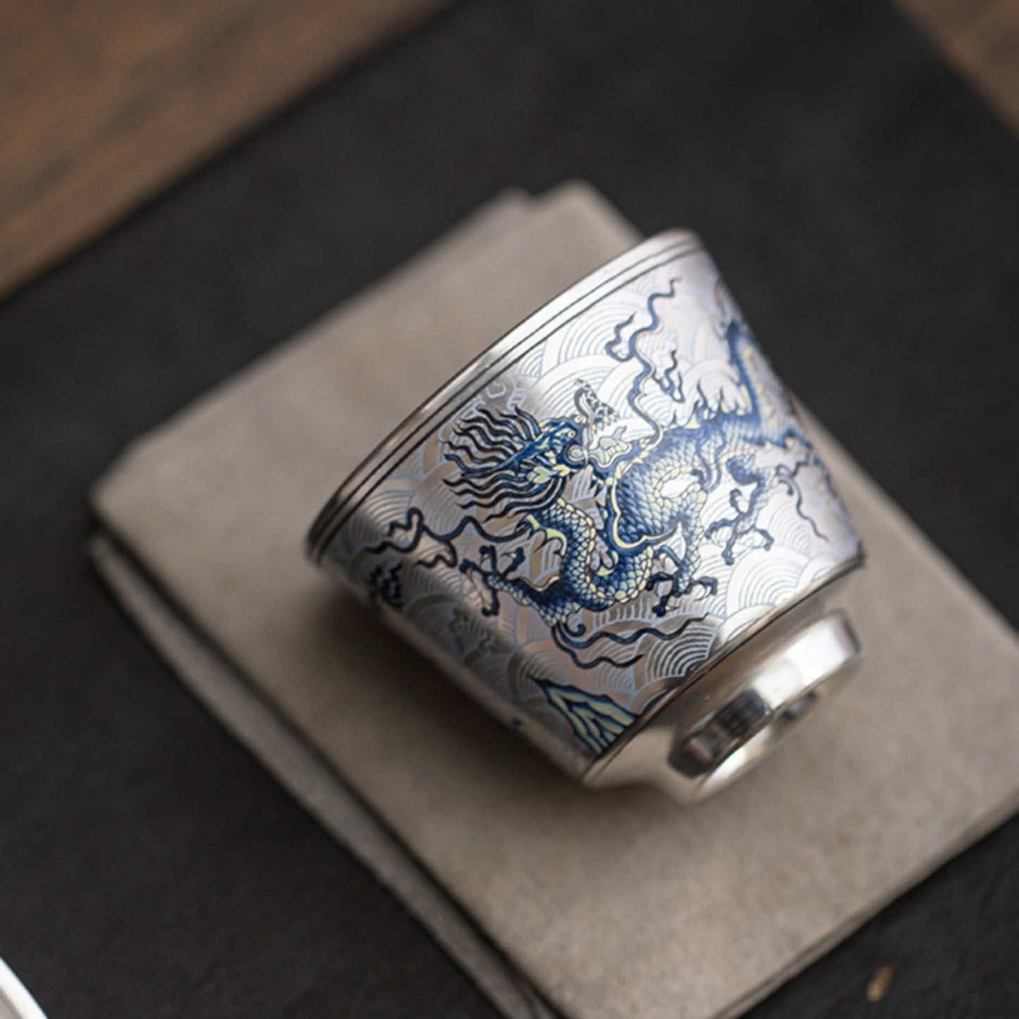 Handcrafted Silver-Plated Chinese Dragon Ceramic Cup