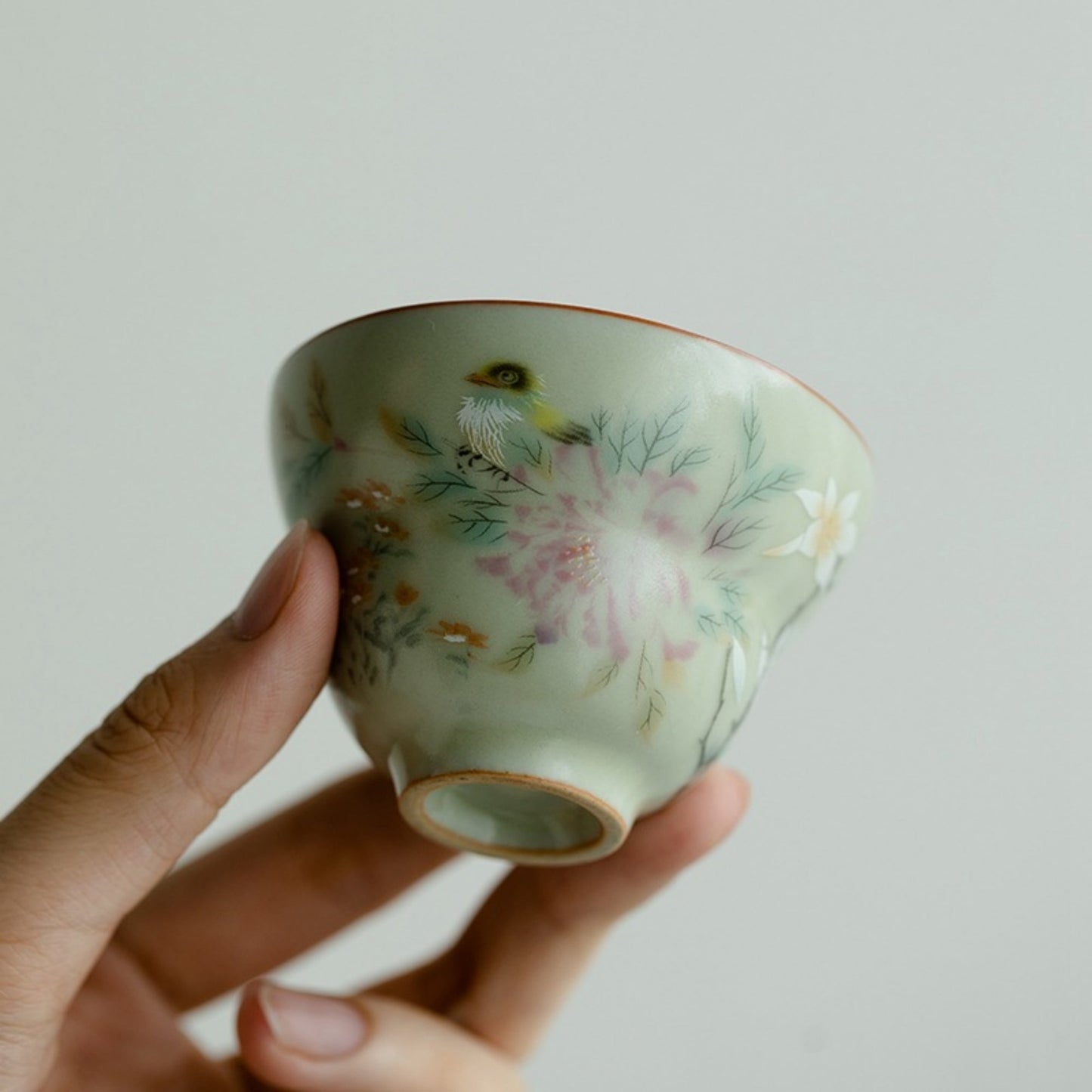Ru Kiln Flower and Bird Pattern Handmade Ceramic Cup