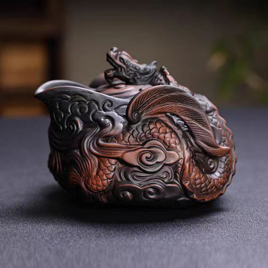 Handmade Purple Clay Dragon Relief Portable Tea Set