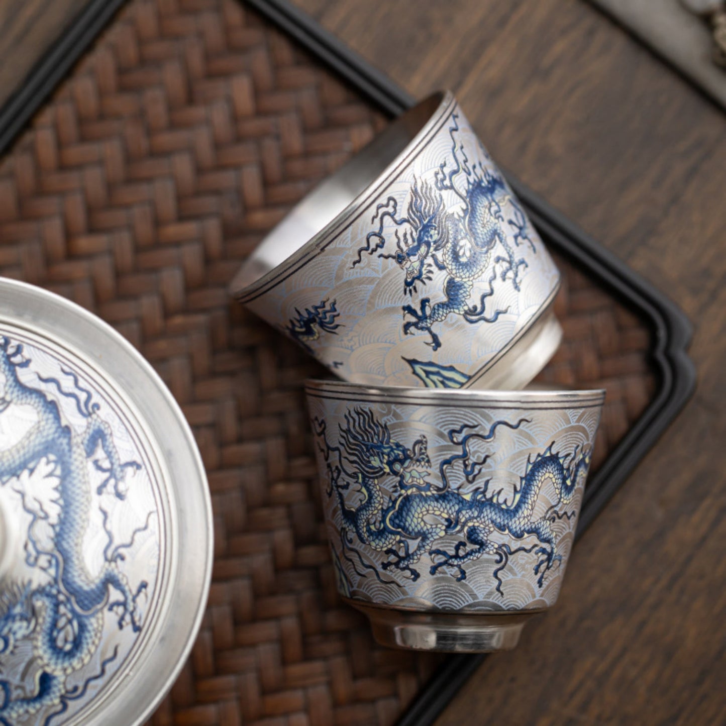 Handcrafted Silver-Plated Chinese Dragon Ceramic Cup