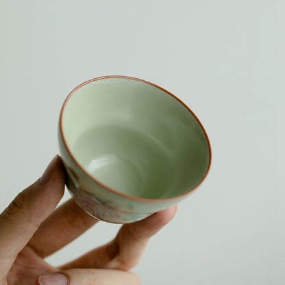 Ru Kiln Flower and Bird Pattern Handmade Ceramic Cup