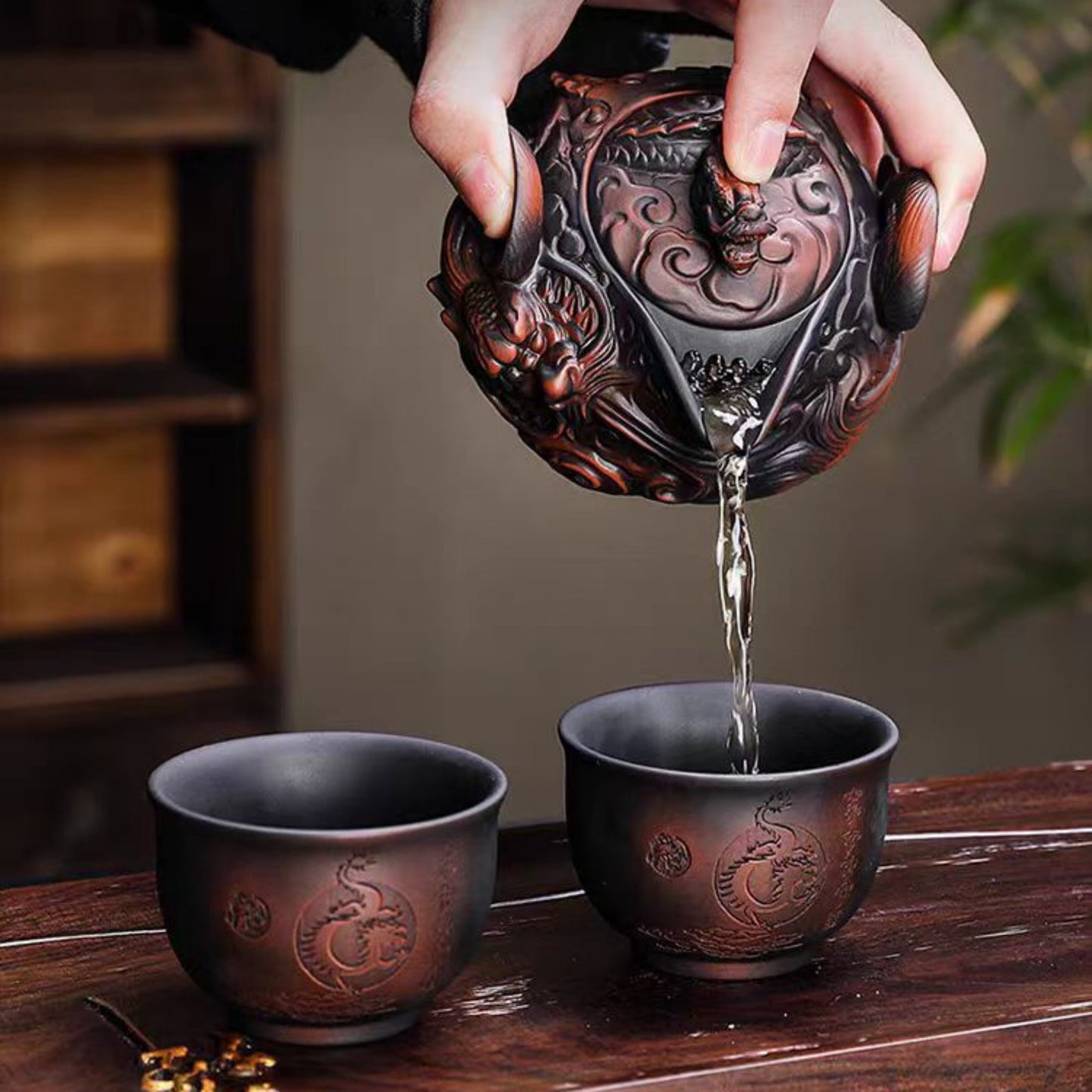 Handmade Purple Clay Dragon Relief Portable Tea Set