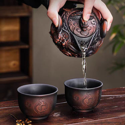 Handmade Purple Clay Dragon Relief Portable Tea Set