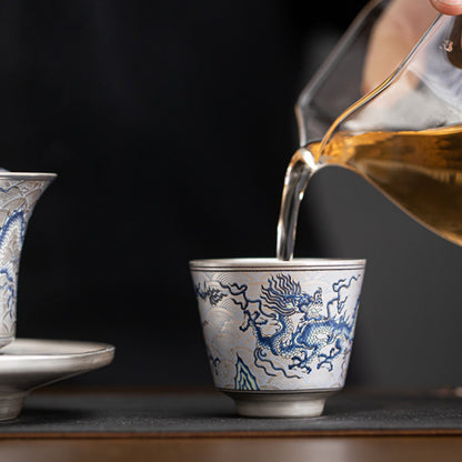 Handcrafted Silver-Plated Chinese Dragon Ceramic Cup