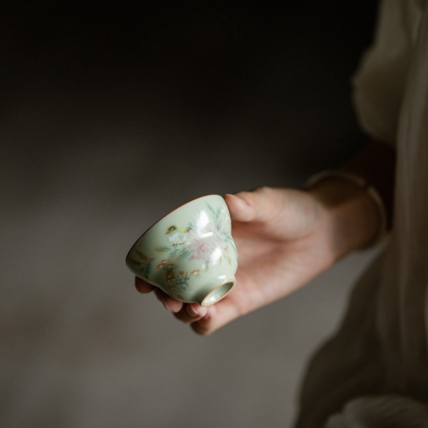 Ru Kiln Flower and Bird Pattern Handmade Ceramic Cup