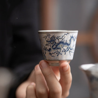 Handcrafted Silver-Plated Chinese Dragon Ceramic Cup