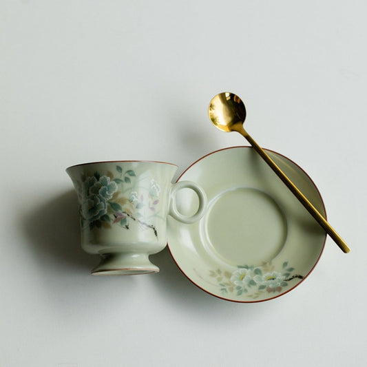 Ru Kiln Handmade Ceramic Coffee Cup and Saucer