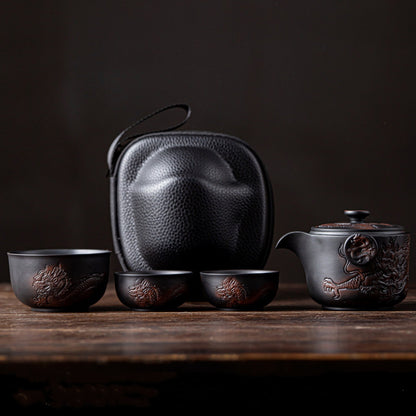 Eastern Dragon Pattern Purple Pottery Tea Set